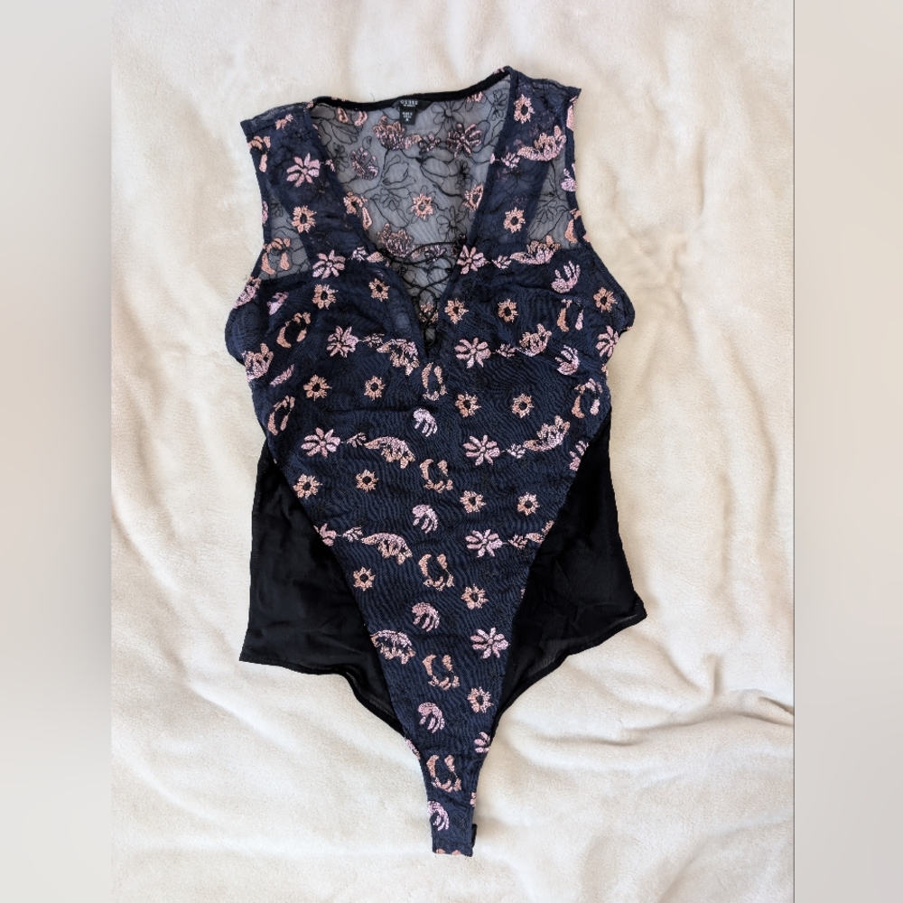 3/$30 Guess Black Lace Floral Embroidered Bodysuit with Pink Accents